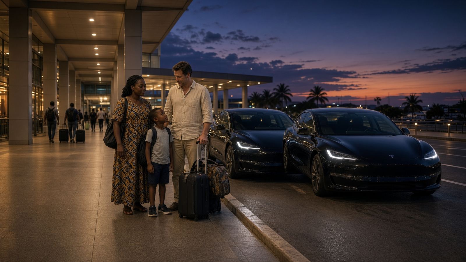Travellers walking to MARSIEV Teslas at Kotoka